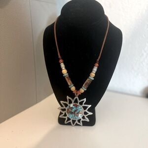 Leather cord necklace with sun pendant multicolor beaded
